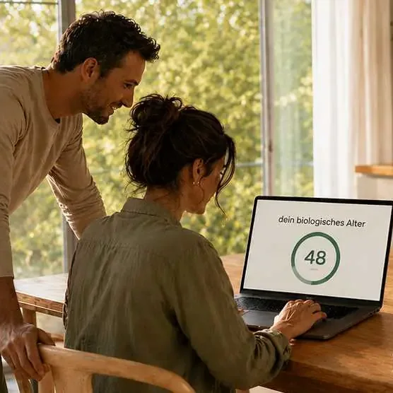 Paar am Laptop mit dem HealthMetricsLab Dashboard, biologisches Alter 48