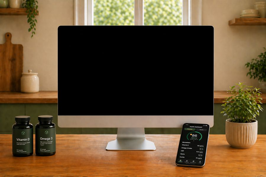 Monitor auf Schreibtisch mit Vitamin D und Omega 3